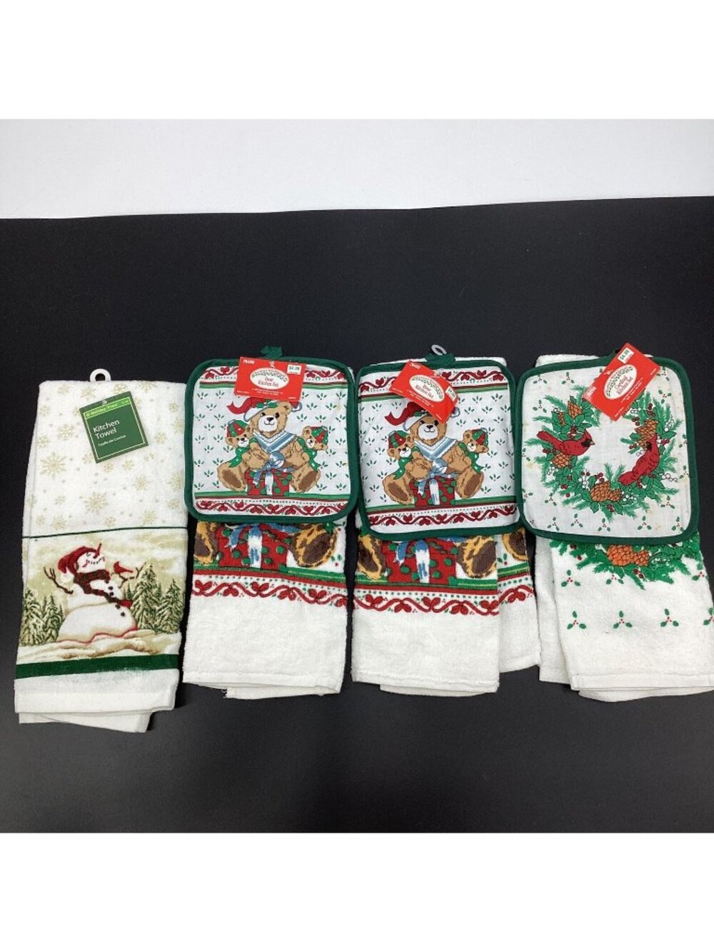 Vtg Set of 4 Holiday Christmas Sentiments Kitchen Towels & 3 Potholders 90s NWT!
